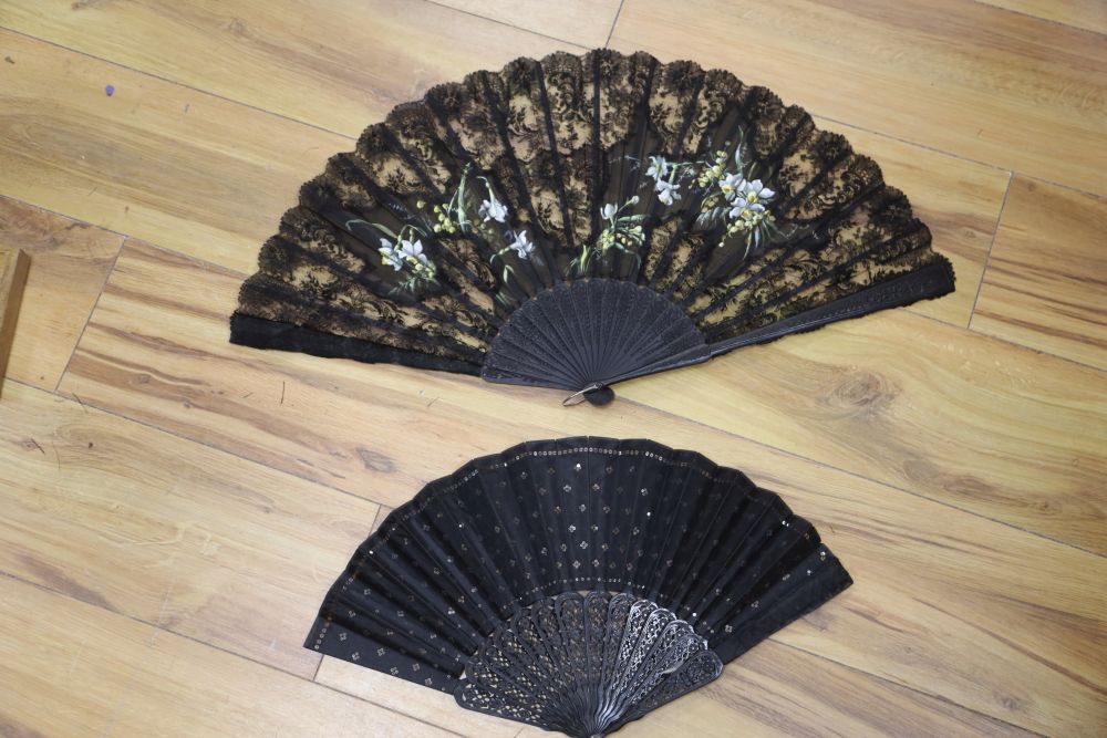 A tortoiseshell and feather fan, a sequin fan, an Oddeninos advertising fan, two others, a 1915 commemorative handkerchief and miscell